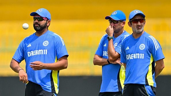 India's captain Rohit Sharma, head coach Gautam Gambhir (R) and chief selector Ajit Agarkar (C)