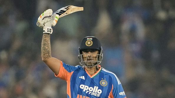 India's captain Suryakumar Yadav celebrates after scoring a half-century