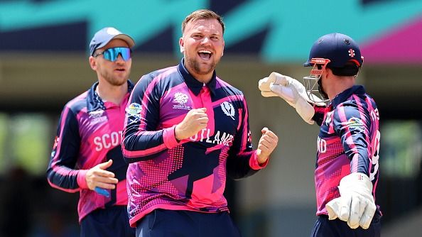 Mark Watt of Scotland celebrates the wicket
