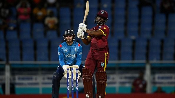 Evin Lewis of the West Indies hits out for six Evin Lewis of the West Indies hits out for six