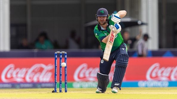 Paul Stirling of Ireland defends his wicket Paul Stirling of Ireland defends his wicket