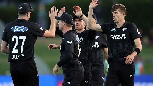 Ben Sears?of New Zealand (C) celebrates a wicket