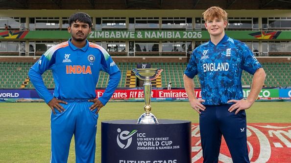 Ayush Mhatre of India and Thomas Rew of England prior to the Men's Cricket World Cup 2026 Final between England and India
