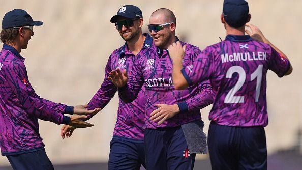 Michael Leask of Scotland celebrates a wicket