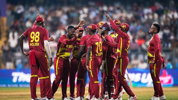 Team West Indies celebrates a wicket