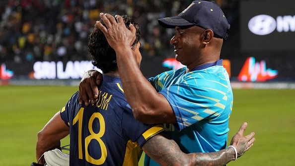 Sanath Jayasuriya, Head Coach of Sri Lanka, celebrates with Pathum Nissanka