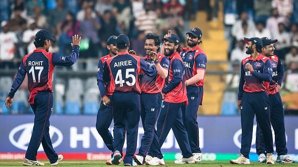 Sompal Kami of Nepal celebrates the wicket