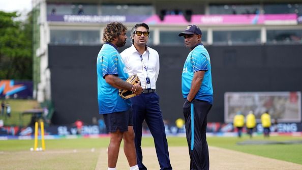 Lasith Malinga, Kumar Sangakkara and Sanath Jayasuriya watching the pitch Lasith Malinga, Kumar Sangakkara and Sanath Jayasuriya watching the pitch