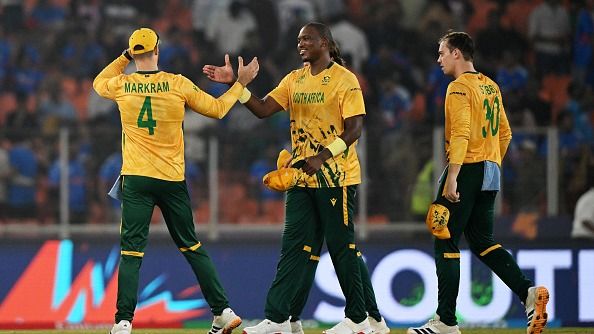 Lungi Ngidi and Aiden Markram of South Africa celebrate after the team's victory during the ICC Men's T20 World Cup Lungi Ngidi and Aiden Markram of South Africa celebrate after the team's victory during the ICC Men's T20 World Cup