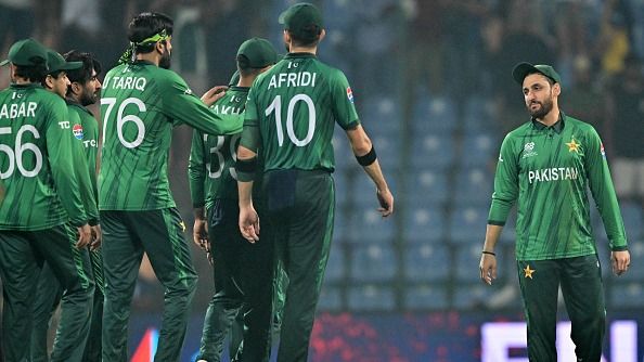 Pakistan's captain Salman Agha (R) looks at his teammates after their loss against England. (Getty)
