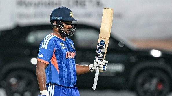 India's Sanju Samson celebrates after scoring a half-century (50 runs)
