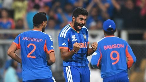 Jasprit Bumrah of India celebrates the wicket of Jacob Bethell of England