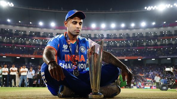 Suryakumar Yadav of India celebrates with the ICC Men's T20 World Cup Trophy