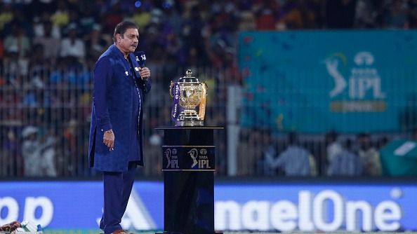 Ravi Shastri, Former Cricket Player for India, looks on as stand with the Indian Premier League