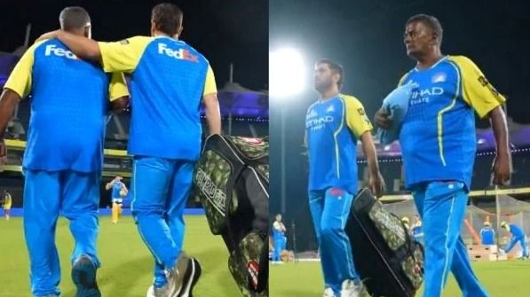 नेट्स सेशन के दौरान एमएस धोनी (PC: X)