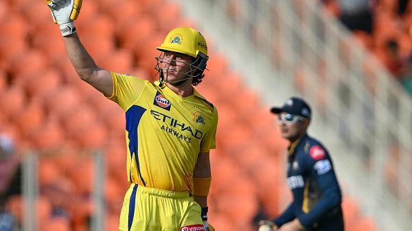 Chennai Super Kings' Dewald Brevis (L) celebrates after scoring a half-century