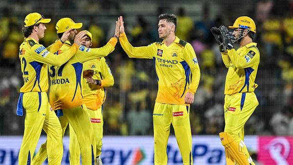 Chennai Super Kings' Noor Ahmad (2R) celebrates with teammates after taking the wicket of Punjab Kings' Prabhsimran Singh during the Indian Premier League (IPL) Twenty20 cricket match between Chennai Super Kings and Punjab Kings (Getty)