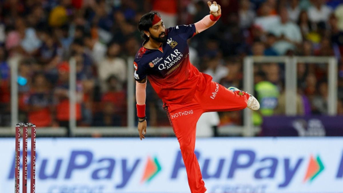 Krunal Pandya of RCB bowls during the 2025 IPL final match against Punjab Kings at Narendra Modi Stadium on June 03, 2025, in Ahmedabad, India. 