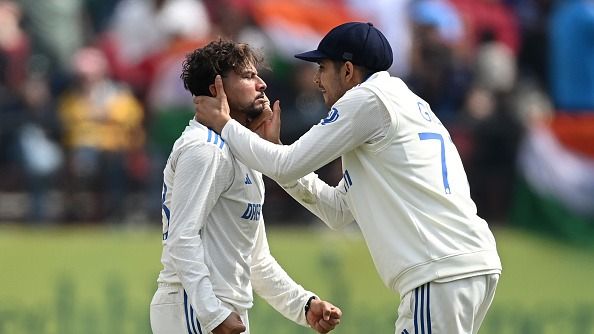 Kuldeep Yadav of India celebrates with Shubman Gill 