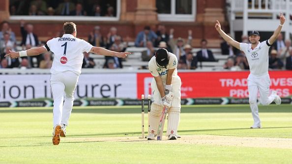 New Zealand batsman Daryl Mitchell is bowled by Ollie Robinson 