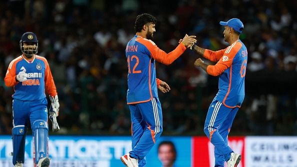 Riyan Parag of India celebrates the wicket 