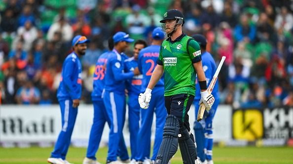 Ireland batter Mark Adair after being dismissed by India bowler 