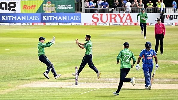 Ireland bowler Jai Moondra celebrates 