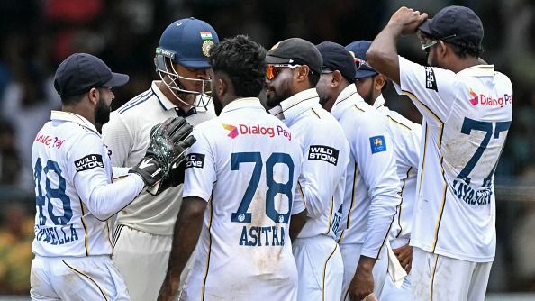 Yashasvi Jaiswal (2L) confronts Sri Lanka's Asitha Fernando (3L) after his dismissal