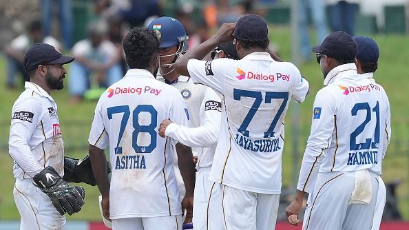Asitha Fernando (2nd L) having a word exchange with Yashasvi Jaiswal (C) Asitha Fernando (2nd L) having a word exchange with Yashasvi Jaiswal (C)