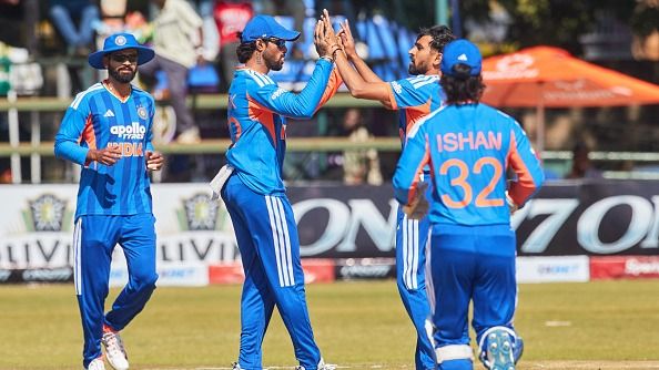 India's star pacer Prince Yadav (2nd R) celebrates with his teammates in this frame. (Getty) India's star pacer Prince Yadav (2nd R) celebrates with his teammates in this frame. (Getty)