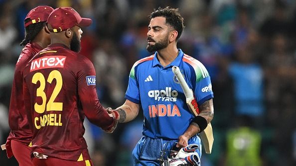 India's Virat Kohli  shakes hands with West Indies