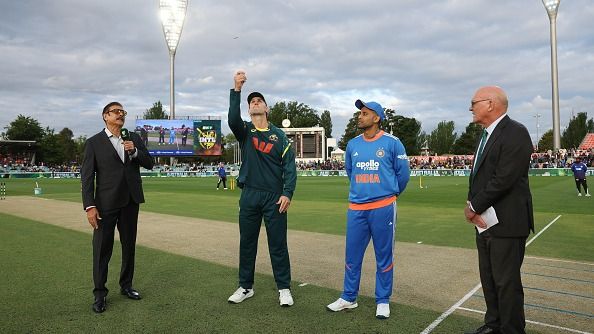 Mitchell Marsh of Australia and Suryakumar Yadav of India take part in the coin toss  during the second match in the T20 International series between Australia and India Mitchell Marsh of Australia and Suryakumar Yadav of India take part in the coin toss  during the second match in the T20 International series between Australia and India