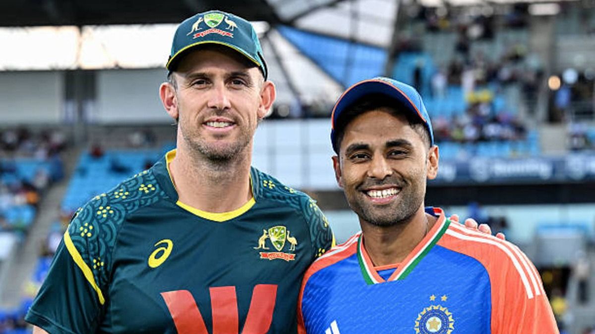 Captains Mitch Marsh of Australia and Suryakumar Yadav of India pose for a photo before the coin toss ahead of dgame three of the T20 International series between Australia and India Captains Mitch Marsh of Australia and Suryakumar Yadav of India pose for a photo before the coin toss ahead of dgame three of the T20 International series between Australia and India