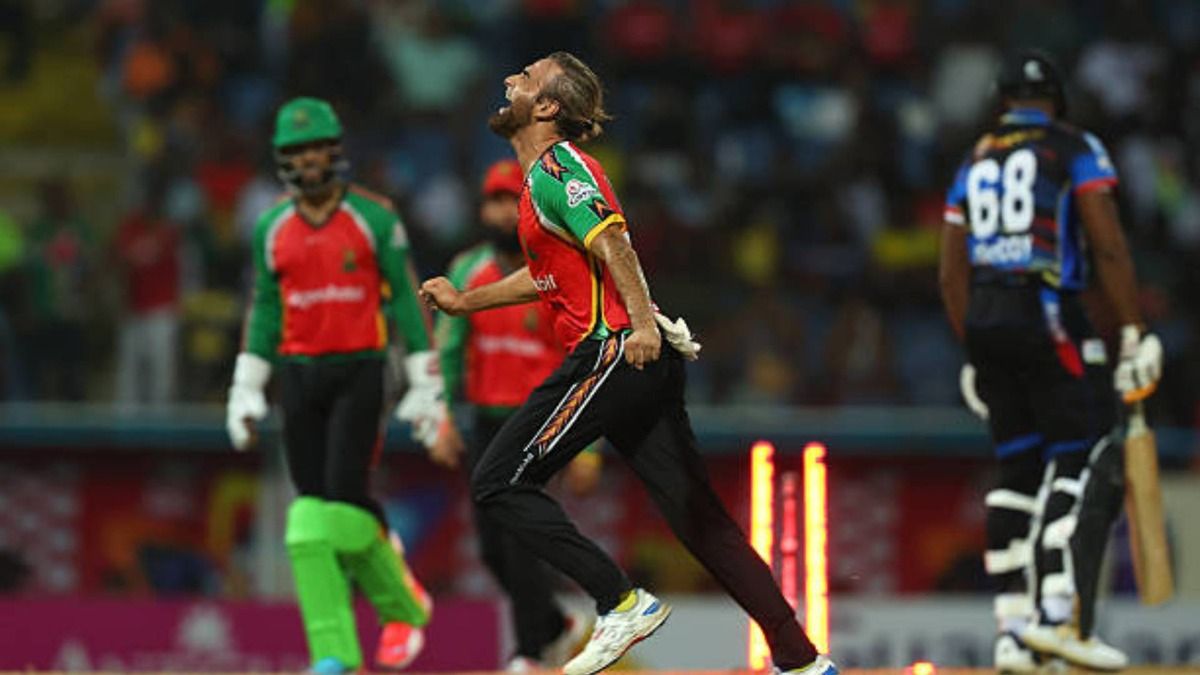 Imran Tahir of Guyana Amazon Warriors celebrates getting the wicket of Obed McCoy of Antigua & Barbuda Falcons during the Men's 2025 Republic Bank Caribbean Premier League match between Antigua & Barbuda Falcons v Guyana Amazon Warriors