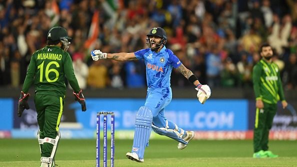 Virat Kohli celebrates after India won the ICC Men's T20 World Cup match between India and Pakistan at Melbourne Cricket Ground on October 23, 2022 in Melbourne, Australia.
