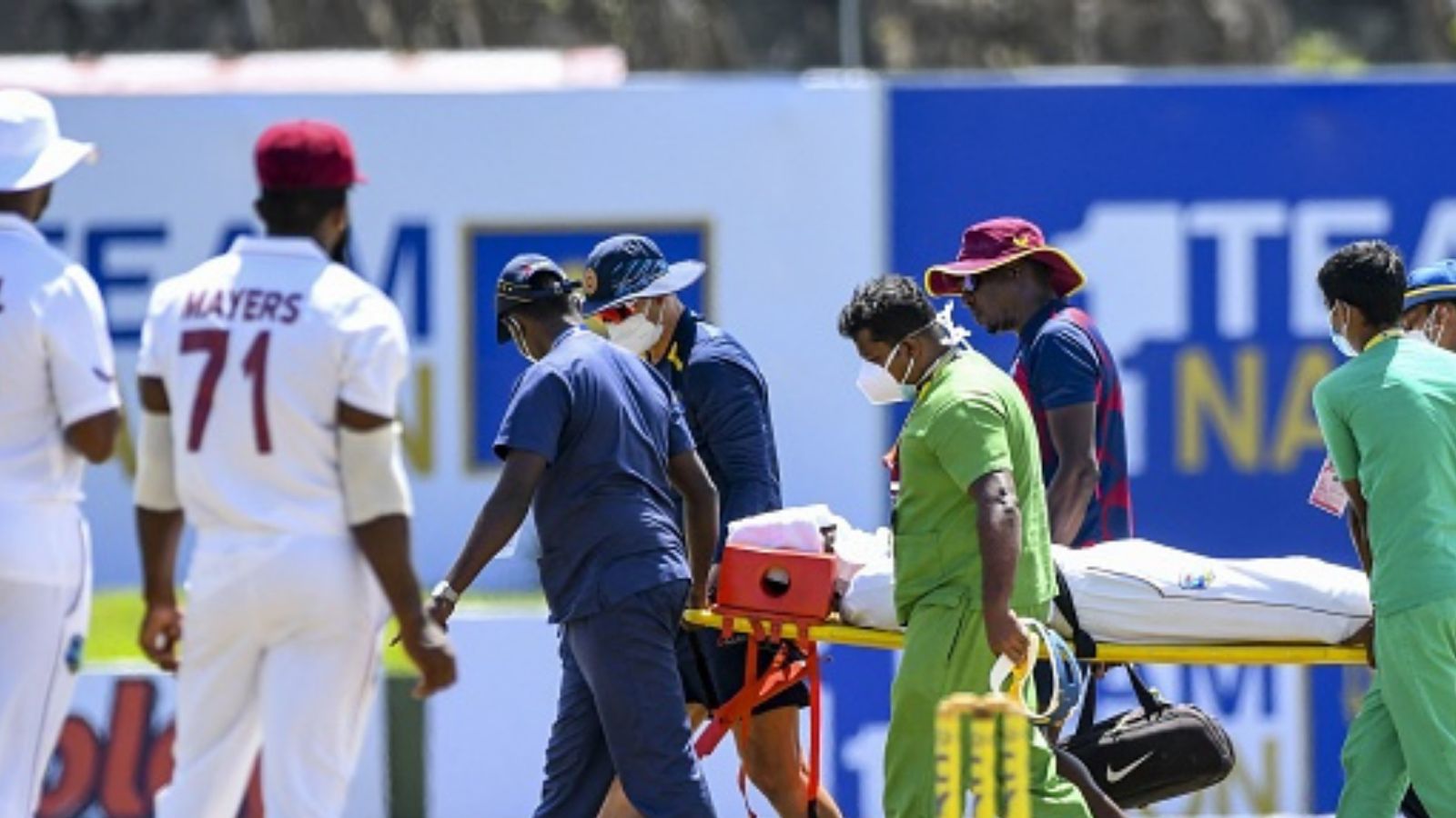 West Indies player hit on helmet grill while fielding, stretchered off the field and taken to hospital West Indies player hit on helmet grill while fielding, stretchered off the field and taken to hospital