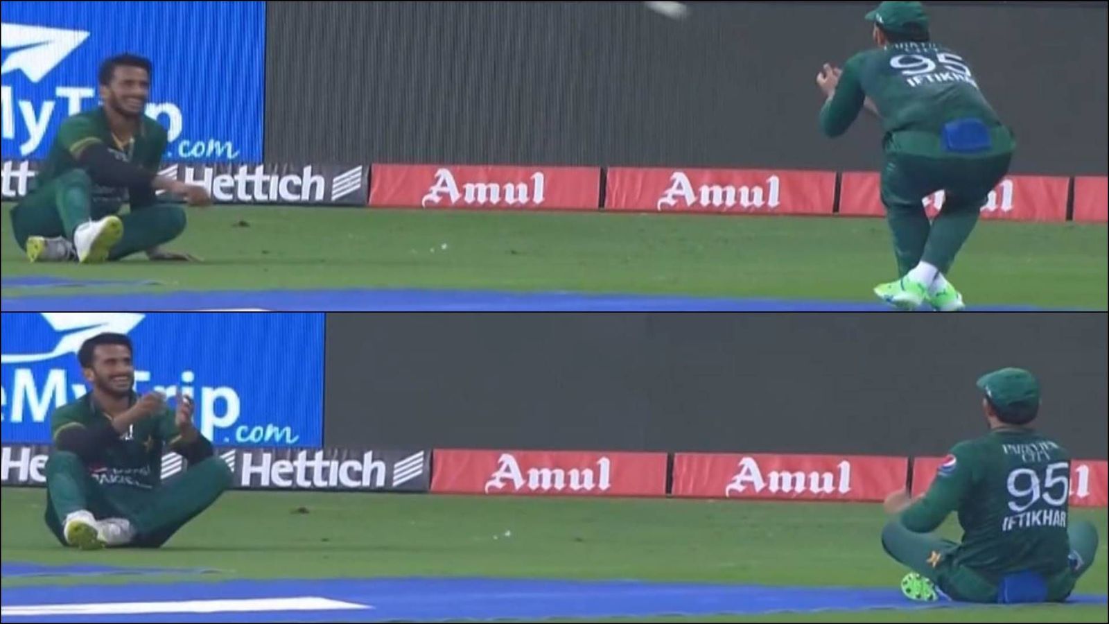 Hasan Ali, Iftikhar Ahmed play catch after avoiding collision, video goes viral Hasan Ali, Iftikhar Ahmed play catch after avoiding collision, video goes viral