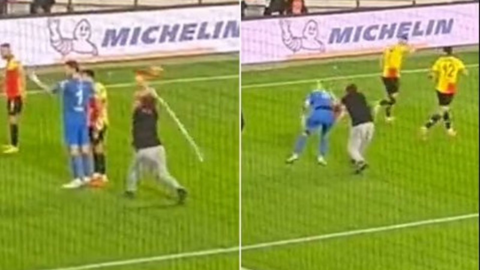 Watch: Goalkeeper left him with haemorrhage after getting bashed with a flag stick by a fan TWICE Watch: Goalkeeper left him with haemorrhage after getting bashed with a flag stick by a fan TWICE