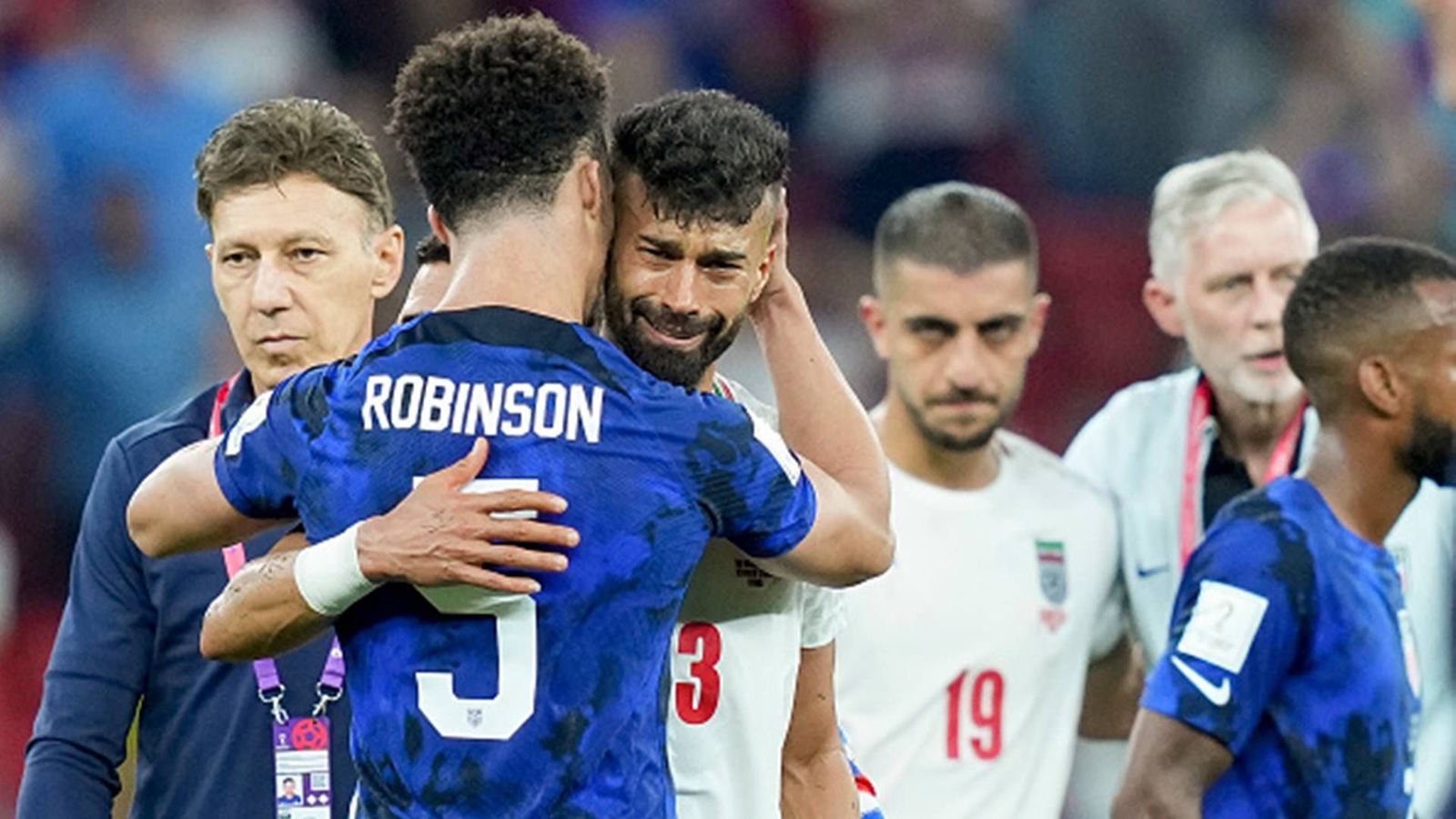 Watch: USA and Iran share a heartfelt moment as Robinson consoles Rezaeian after Iran's exit from the FIFA World Cup 2022 Watch: USA and Iran share a heartfelt moment as Robinson consoles Rezaeian after Iran's exit from the FIFA World Cup 2022