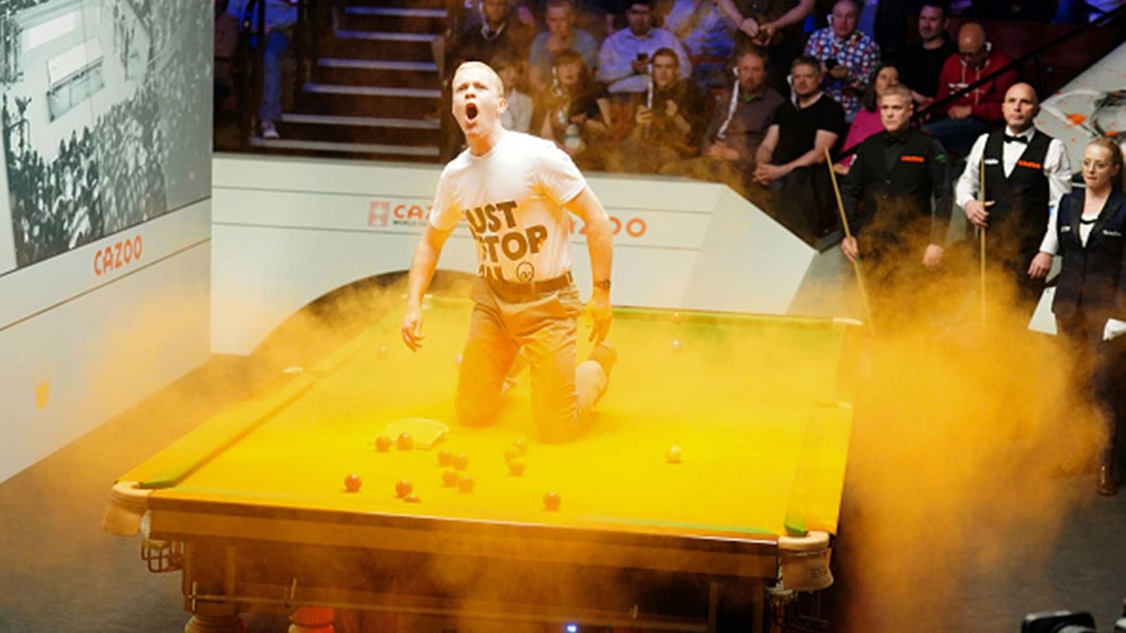 Watch: 'Just Stop Oil' protestors cause ruckus, spoil the party at World Snooker Championship Watch: 'Just Stop Oil' protestors cause ruckus, spoil the party at World Snooker Championship