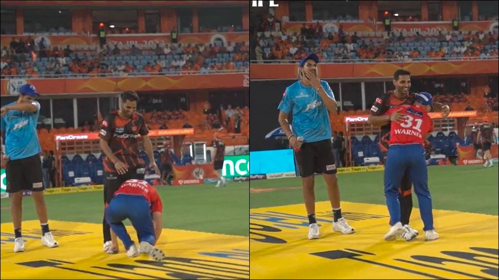 Watch: David Warner touches Bhuvneshwar Kumar's feet after winning the toss, later scores just 1 run off SRH pacer in powerplay overs Watch: David Warner touches Bhuvneshwar Kumar's feet after winning the toss, later scores just 1 run off SRH pacer in powerplay overs