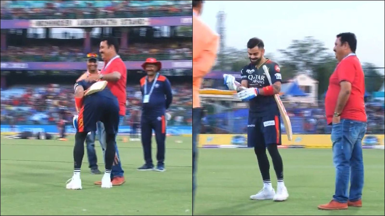Virat Kohli touches childhood coach Rajkumar Sharma's feet before Delhi Capitals clash, video goes viral Virat Kohli touches childhood coach Rajkumar Sharma's feet before Delhi Capitals clash, video goes viral