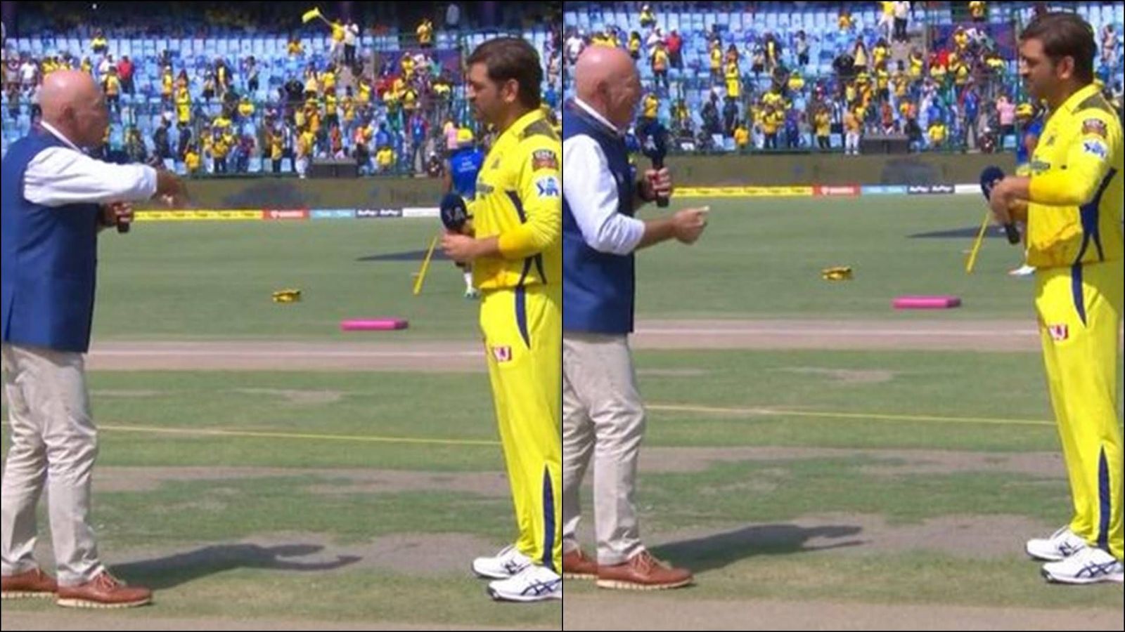 Delhi crowd cheered for MS Dhoni so loud that Danny Morrison had to use sign language to ask his decision after toss, watch viral video Delhi crowd cheered for MS Dhoni so loud that Danny Morrison had to use sign language to ask his decision after toss, watch viral video