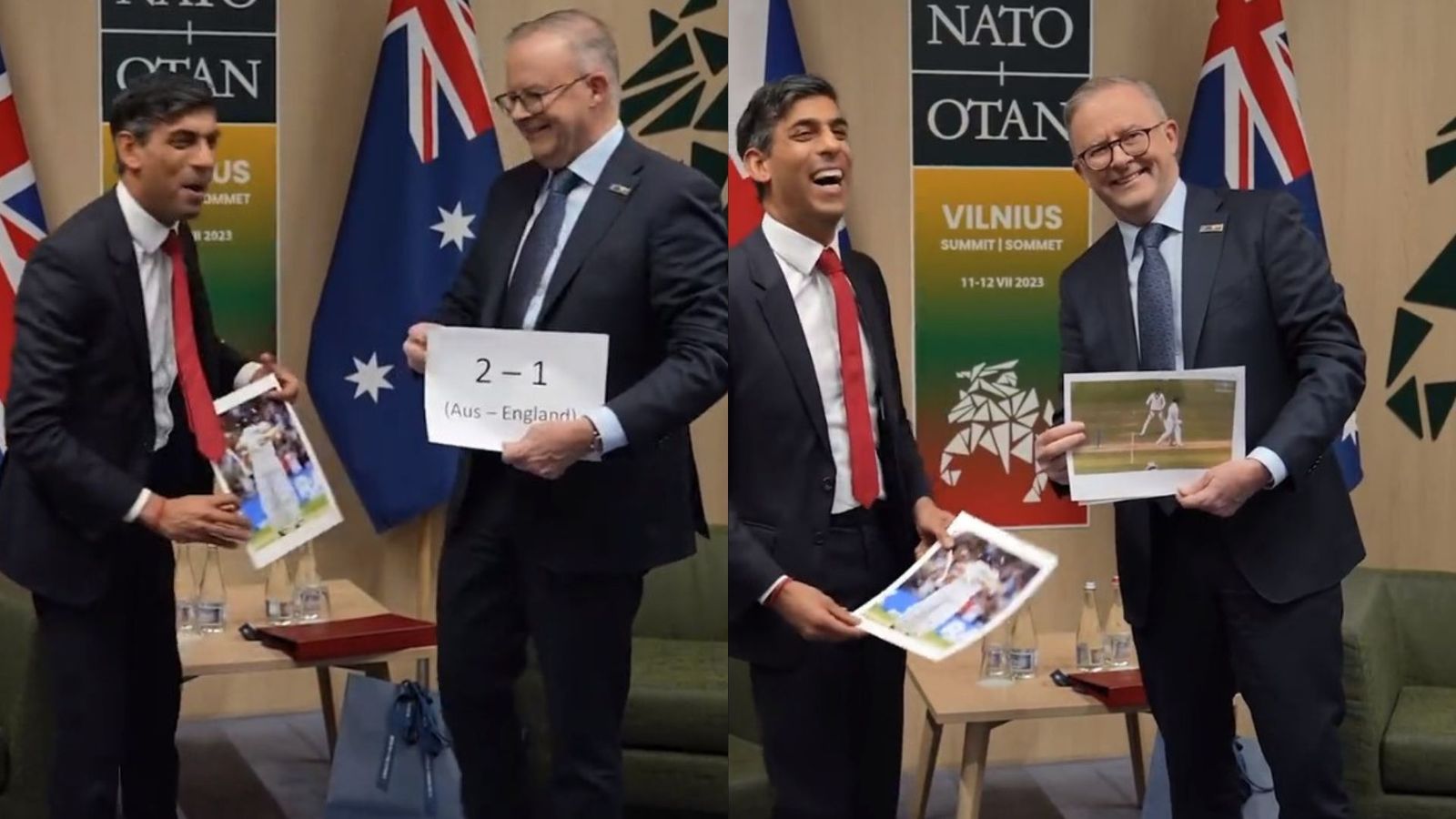Watch: UK and Aussie PM indulge in hilarious Ashes interaction, Rishi Sunak says 'didn’t bring my sandpaper' to Anthony Albanese Watch: UK and Aussie PM indulge in hilarious Ashes interaction, Rishi Sunak says 'didn’t bring my sandpaper' to Anthony Albanese