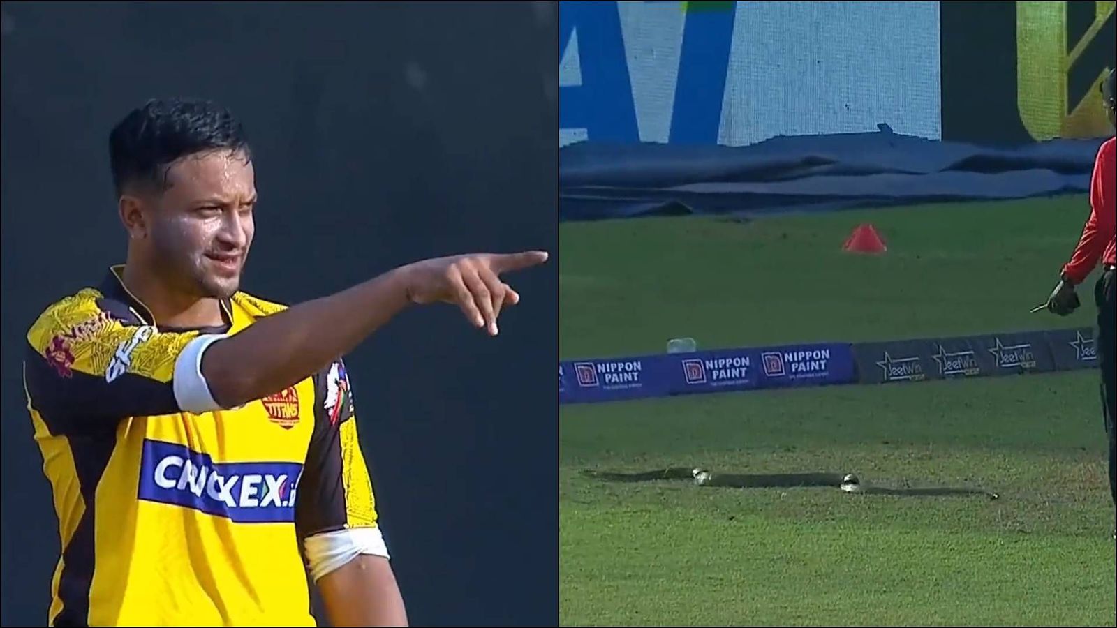 Watch: Long snake interrupts Shakib Al Hasan's over in LPL 2023 clash, umpire chases wild thing off the ground Watch: Long snake interrupts Shakib Al Hasan's over in LPL 2023 clash, umpire chases wild thing off the ground