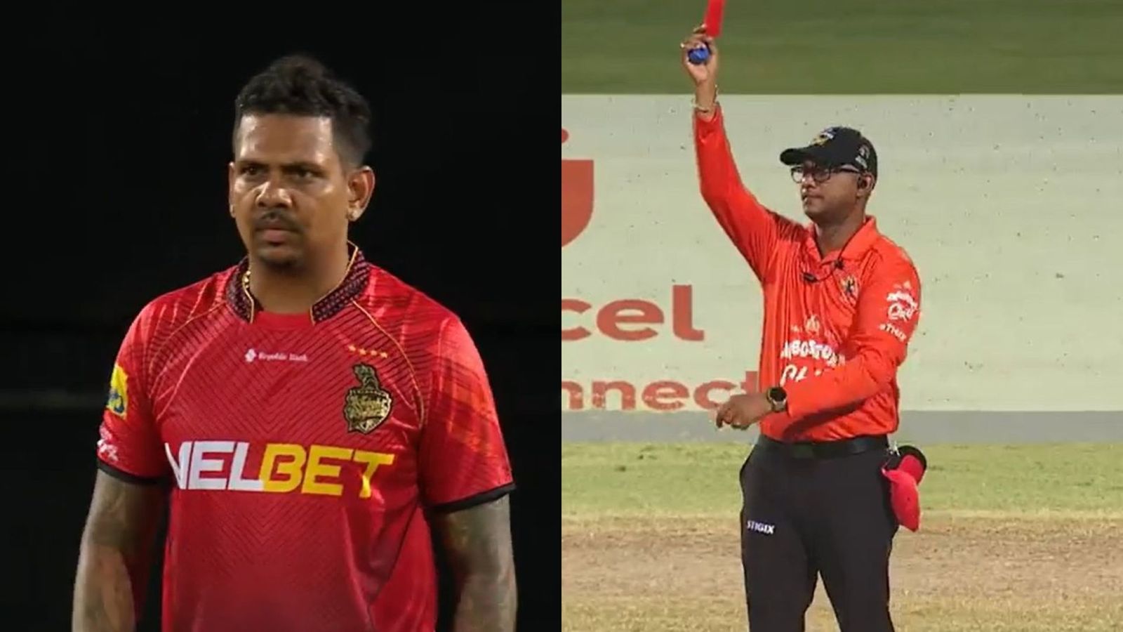 Watch: Umpire brandishes first-ever red card in CPL 2023, Trinbago Knight Riders' Sunil Narine sent-off in live match Watch: Umpire brandishes first-ever red card in CPL 2023, Trinbago Knight Riders' Sunil Narine sent-off in live match