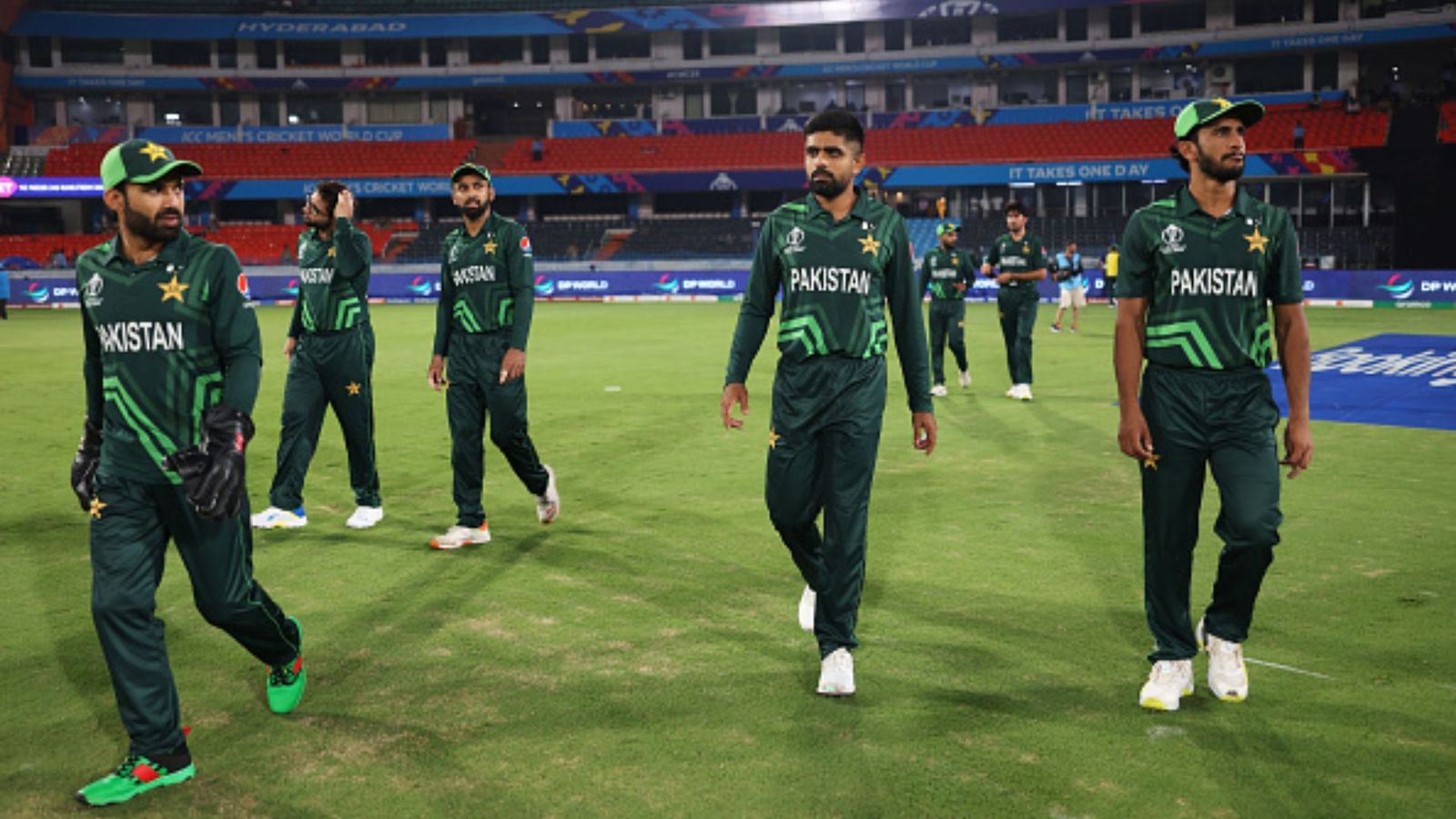 ODI World Cup 2023 Warm-up: Babar Azam's Pakistan blown away in Hyderabad as New Zealand chase 346-run target with 38 balls to spare Babar Azam of Pakistan leads his players out to field during the ICC Men's Cricket World Cup India 2023 warm up match between New Zealand and Pakistan at Rajiv Gandhi International Stadium on September 29, 2023 in Hyderabad, India.