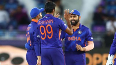 ‘This could be my last World Cup’: Superstar Indian cricketer drops bombshell ahead of warm-up match against England Ravi Ashwin of India celebrates the wicket of Nicol Loftie-Eaton of Namibia with team mates Virat Kohli, Rohit Sharma and Rishabh Pant during the ICC Men's T20 World Cup match between India and Namibia at Dubai International Stadium on November 08, 2021