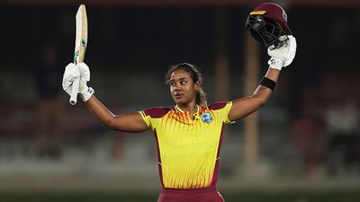 Mumbai Indians all-rounder smashes 132 as West Indies stun Australia to record highest successful run chase in women's T20Is Hayley Matthews celebrates her century (Getty Images)