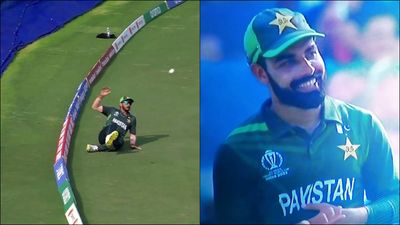 Hasan Ali turns footballer on boundary, amuses Haris Rauf, Shadab Khan with unique effort - watch viral video Hasan Ali puts in a slide to save a boundary (Screengrab: Hotstar)